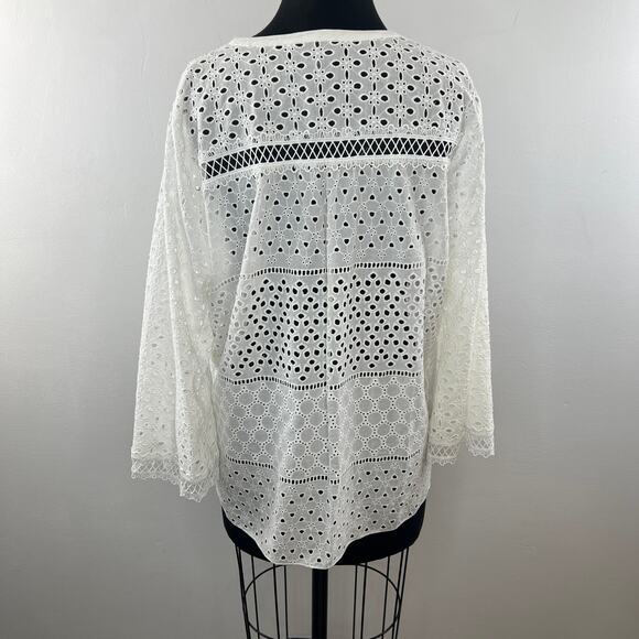 HALE BOB Eyelet Blouse Top White Cotton Split Neckline Long Sleeves Size L Large - Picture 6 of 10
